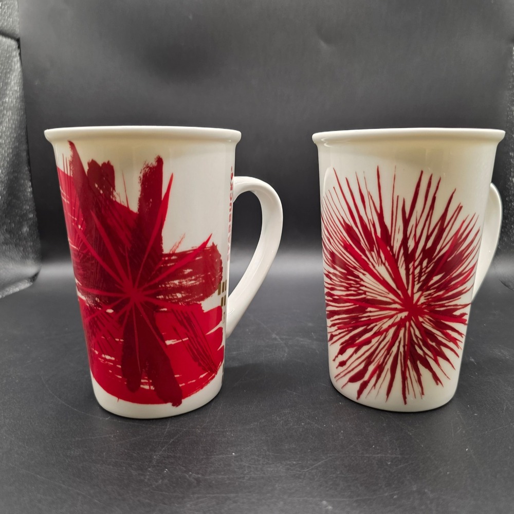 Starbucks 2014 Red Burst Brushstroke Ceramic Coffee Mug Set of 2 12oz